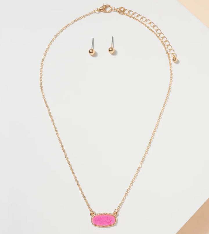 Oval Druzy Stone Charm Short Necklace- Hot Pink