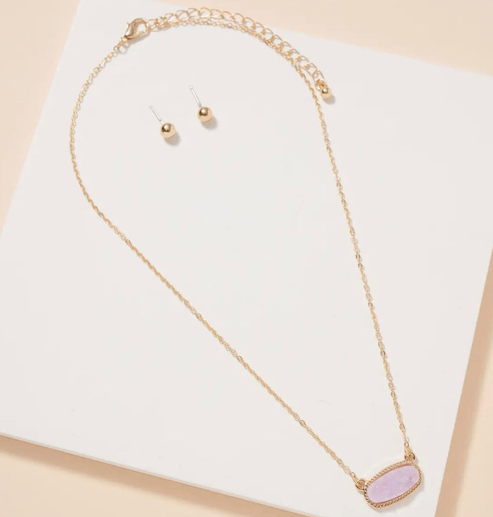 Oval Druzy Stone Charm Short Necklace- Lavender