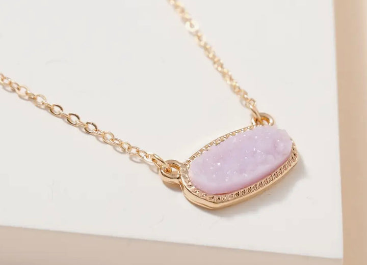 Oval Druzy Stone Charm Short Necklace- Lavender