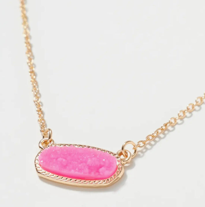 Oval Druzy Stone Charm Short Necklace- Hot Pink