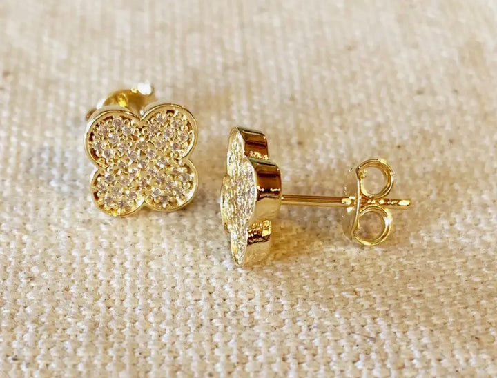 18k Gold Filled Cubic Zirconia Clover Stud Earrings